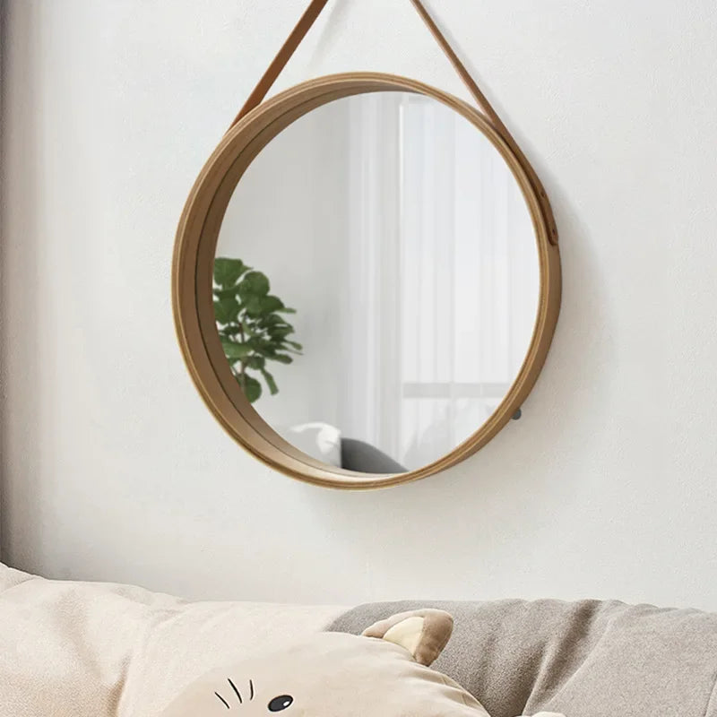 Round wall mirror with thick wooden border - view 4