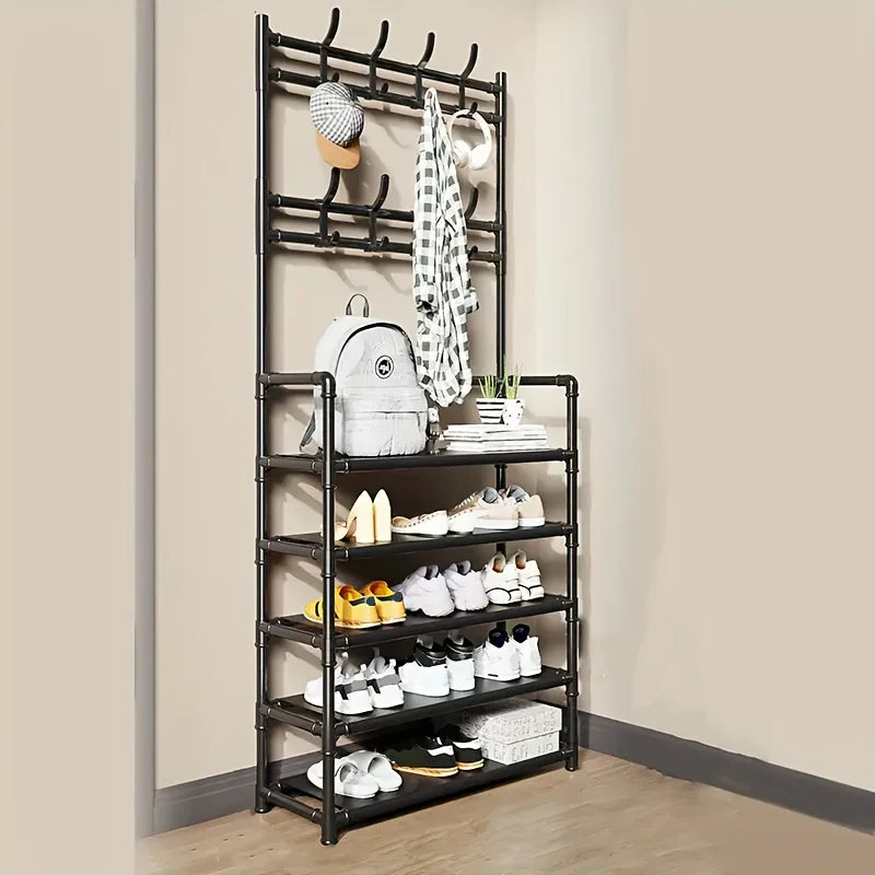 1 Piece 4/5 Ply 23" Carbon Steel, Multipurpose Clothes and Shoe Rack, Black/White, Self Assembly Required - Five Layers Of Black