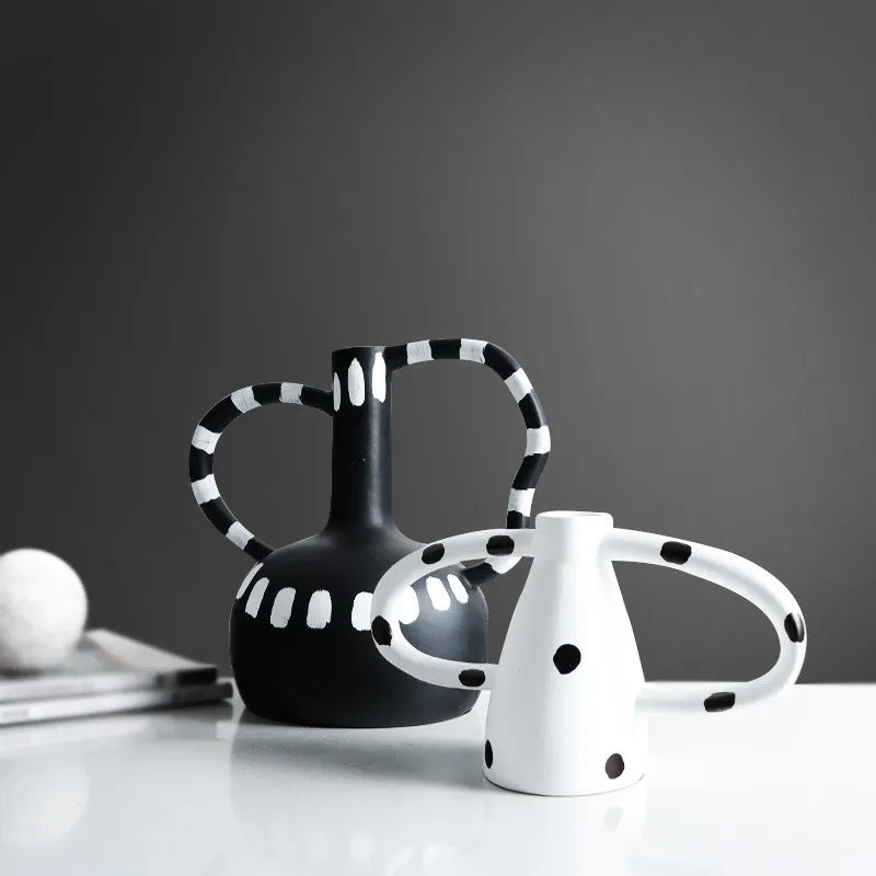 Black And White Polka Dot Double Ear Vase Decoration, Cave Style Homestay Sample Board Room Minimalist Flower Set - view 3
