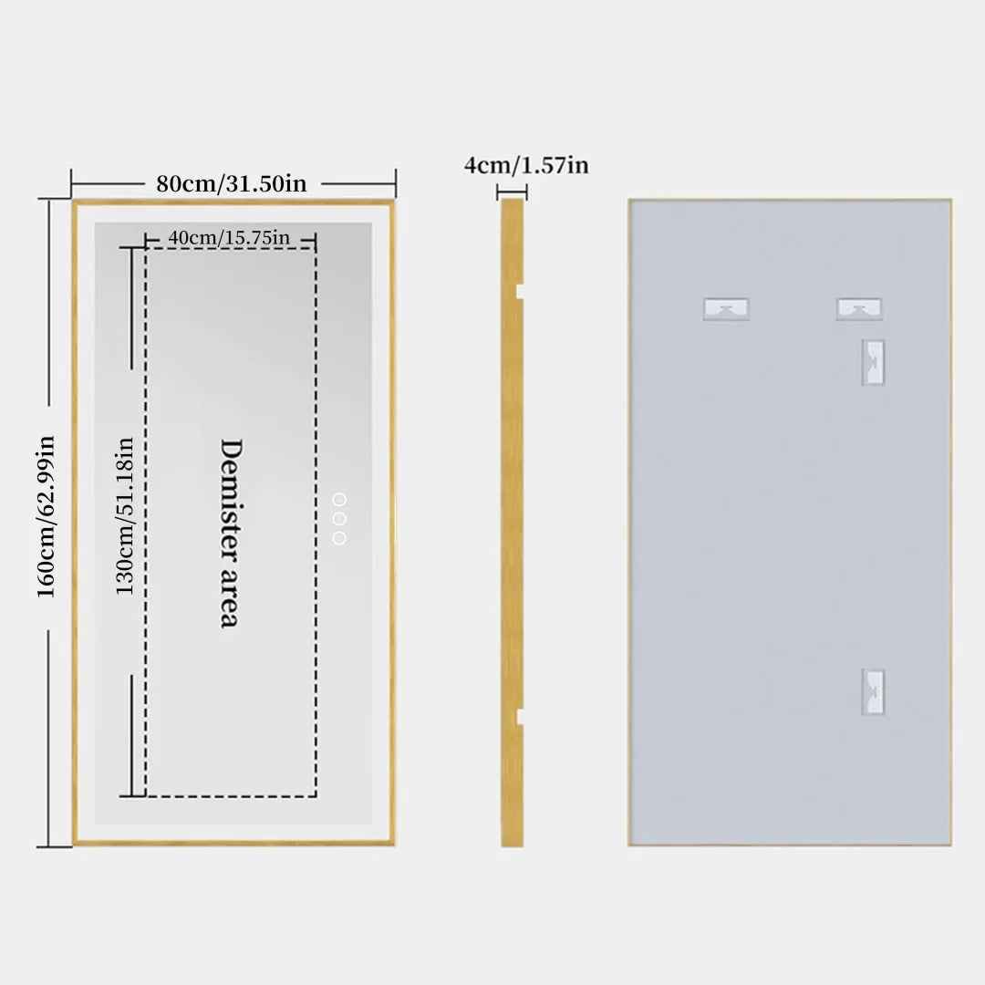 Illuminated mirror with golden frame and three-colored anti-fog led lights - 160x80cm (63x32 inches)