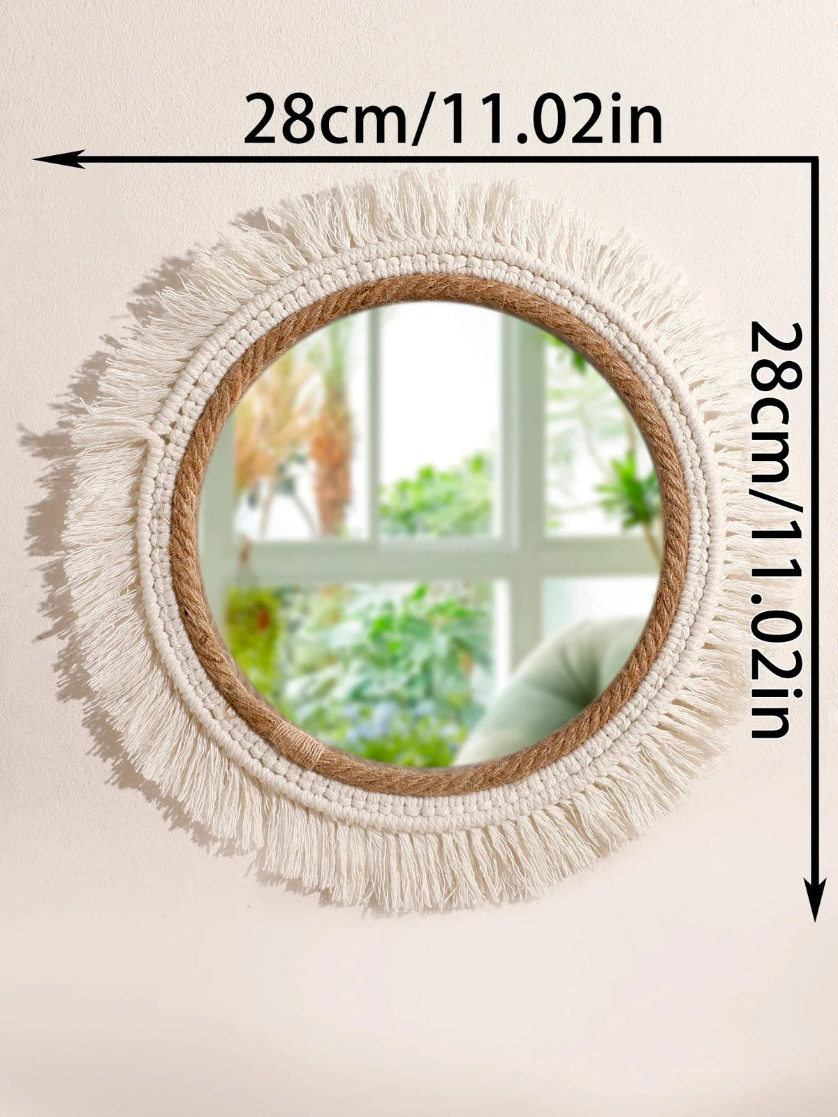 Hanging mirror in decorative macrame with woven pom-poms - KK088-MS8324