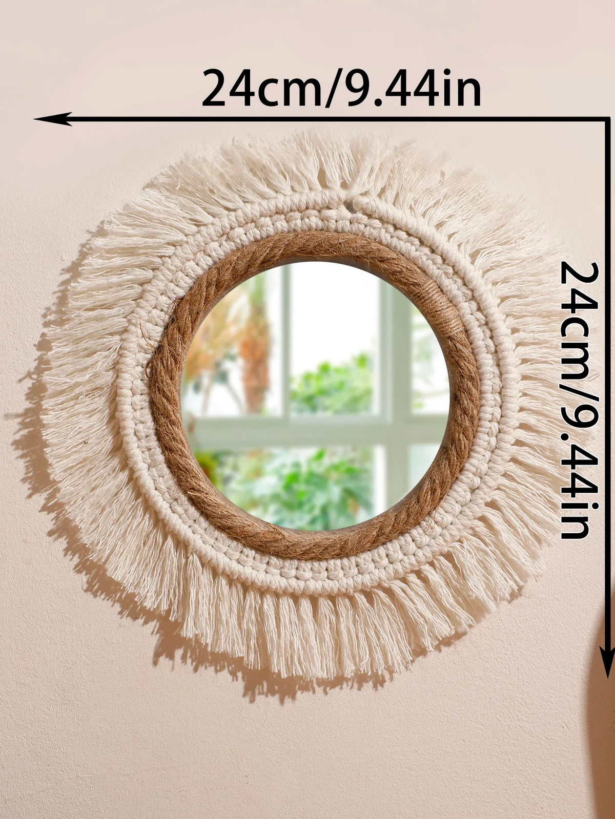 Hanging mirror in decorative macrame with woven pom-poms - KK088-MS8325