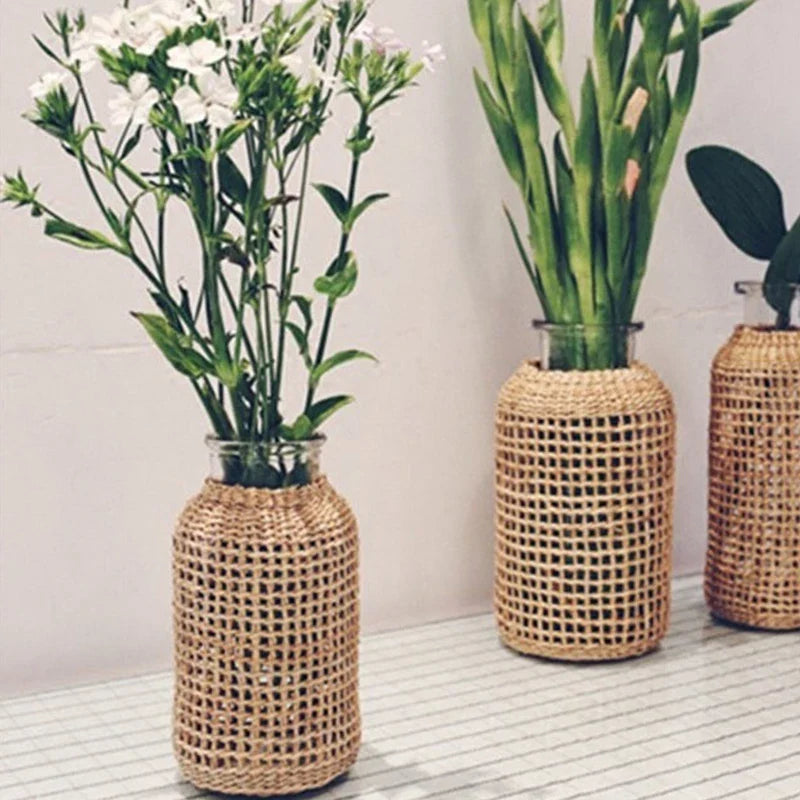 Woven rattan vase for dried flowers retro decoration