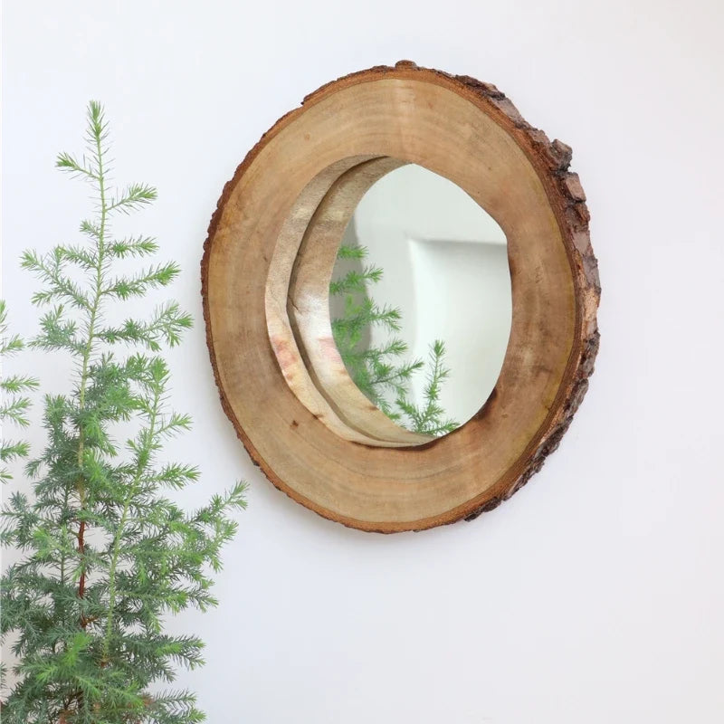 Decorative mirror vintage wooden round for Nordic interior - Diameter 23cm