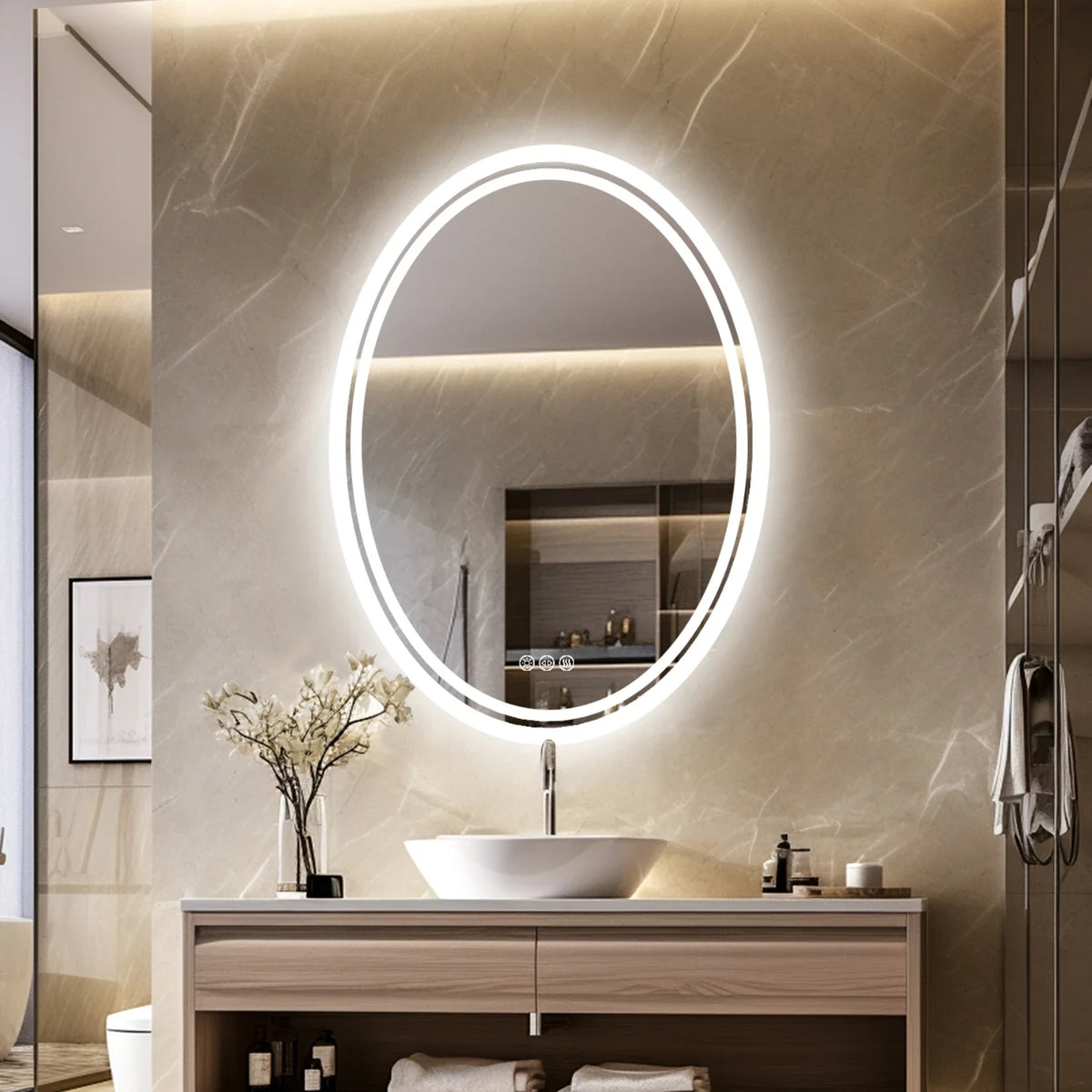 Light-filled oval mirror with anti-fog function and adjustable lighting - view 4