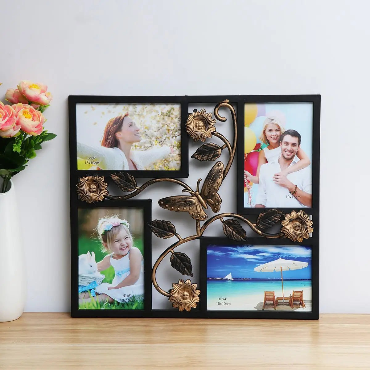 Vintage decorative photo frame with 4 openings with flowers - Black / Autre