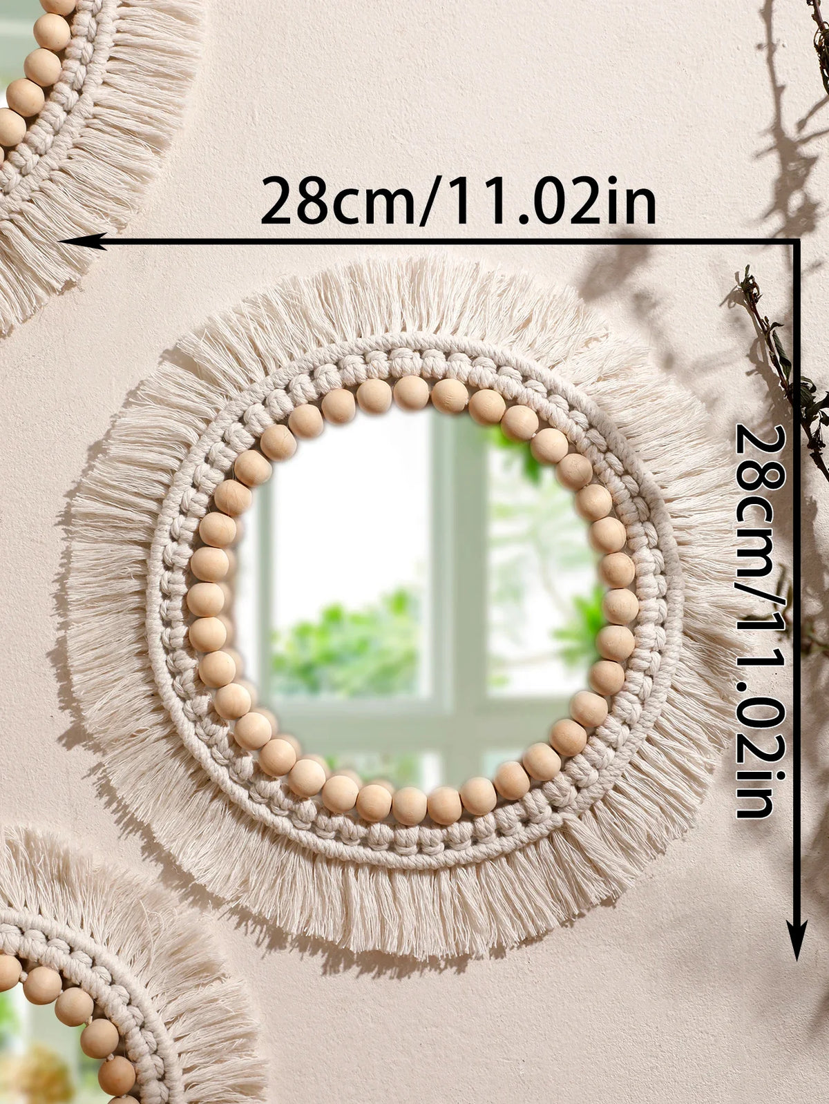 Hanging mirror in decorative macrame with woven pom-poms - KK088-MS8330