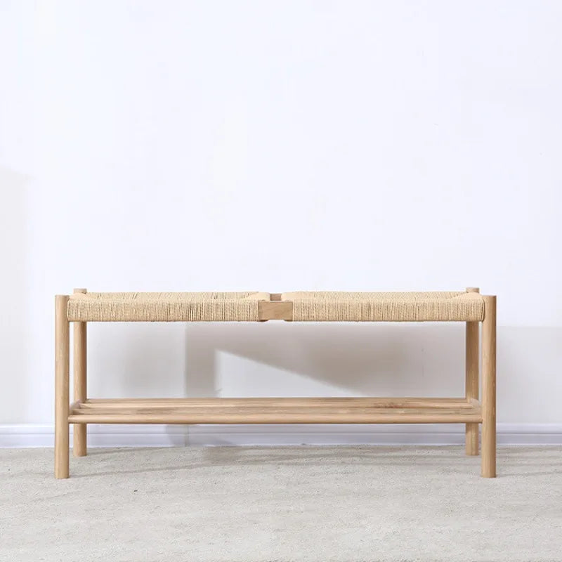 Nordic solid wood bench with braided rope simple design