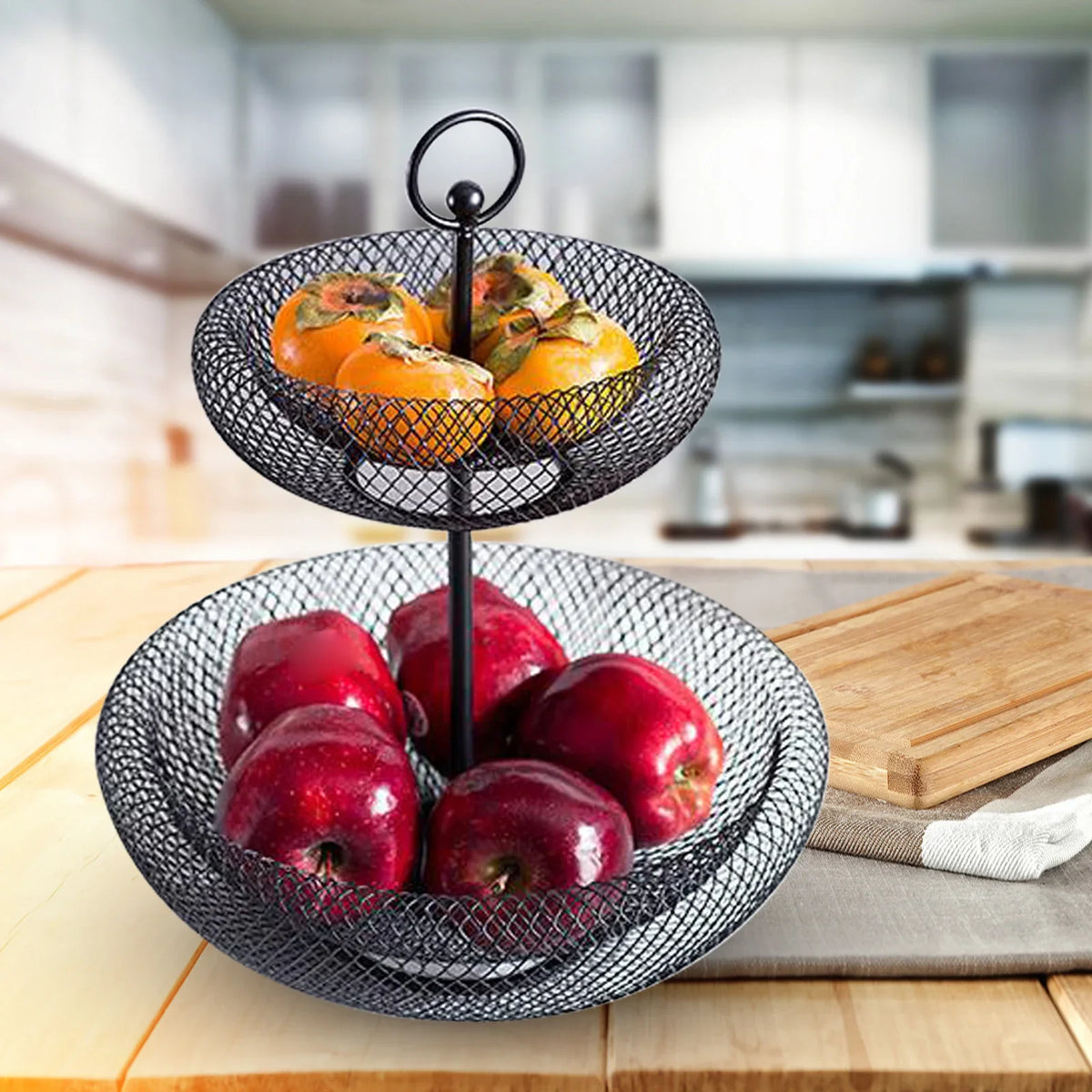Double-level fruit holder in black forged iron