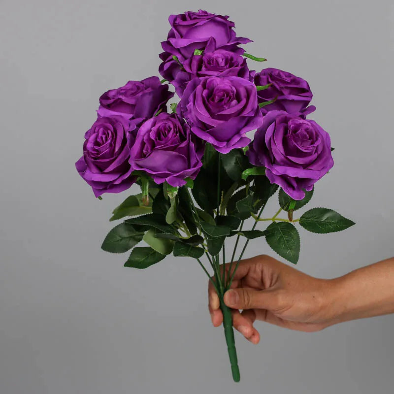 9-Head Artificial Silk Rose Bouquet, Rosé Champagne and Violet - view 4