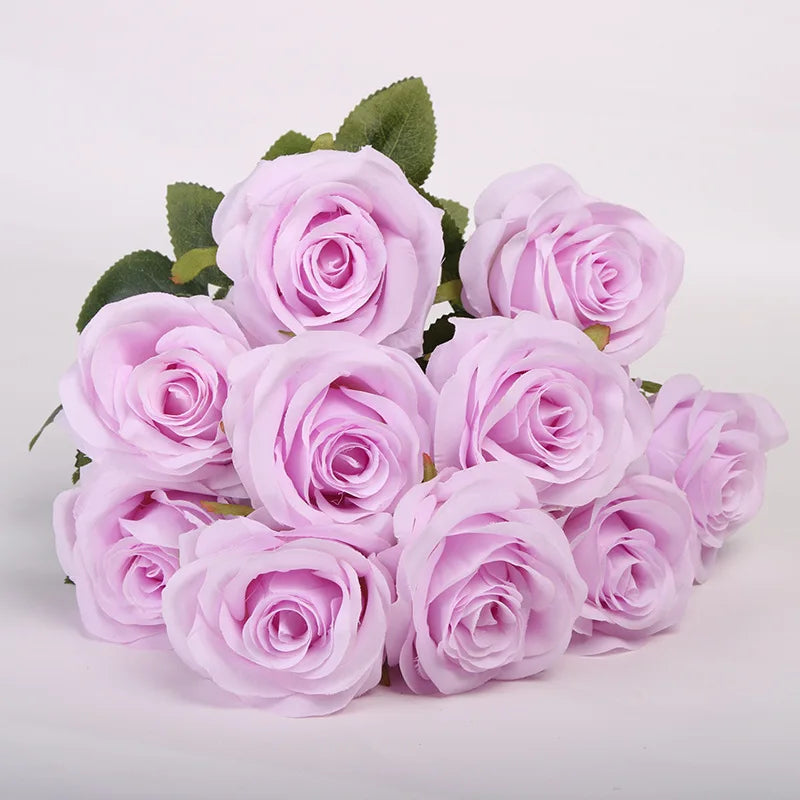 Multicolor Silk and Plastic Rose Bouquet for Weddings - Light Purple Red