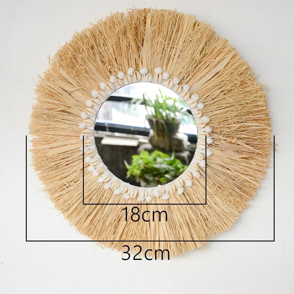 Bohemian decorative mirror in romantic woven straw for wedding - 32CM