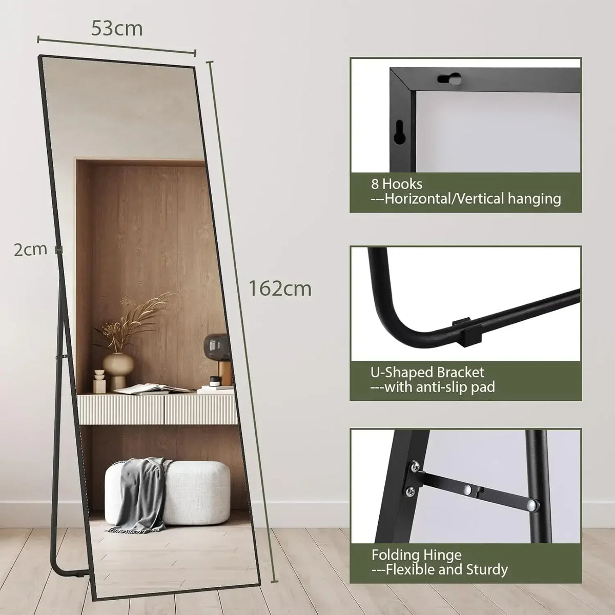 Wall-Mounted Full Length Mirror 162x53cm, Black or Gold - Black Right angle