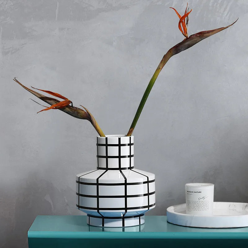 Black and White Striped Ceramic Vase, Flower Pot Decoration, Home and Living Room Decoration, Creative Geometric Striped Vase - view 4
