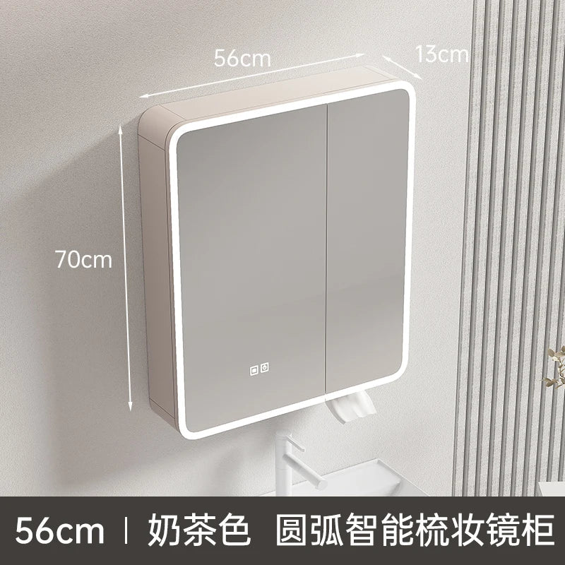 Circular aluminum cabinet with intelligent lighting mirror and storage - 56cm