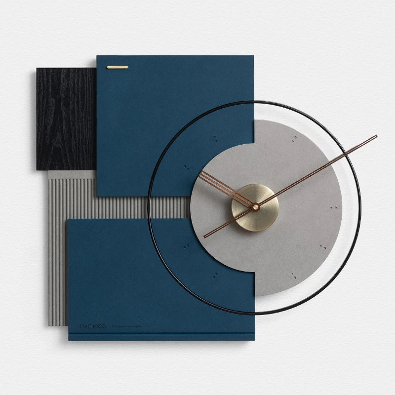 Large silent wall clock in walnut modern decoration - Gray and Blue