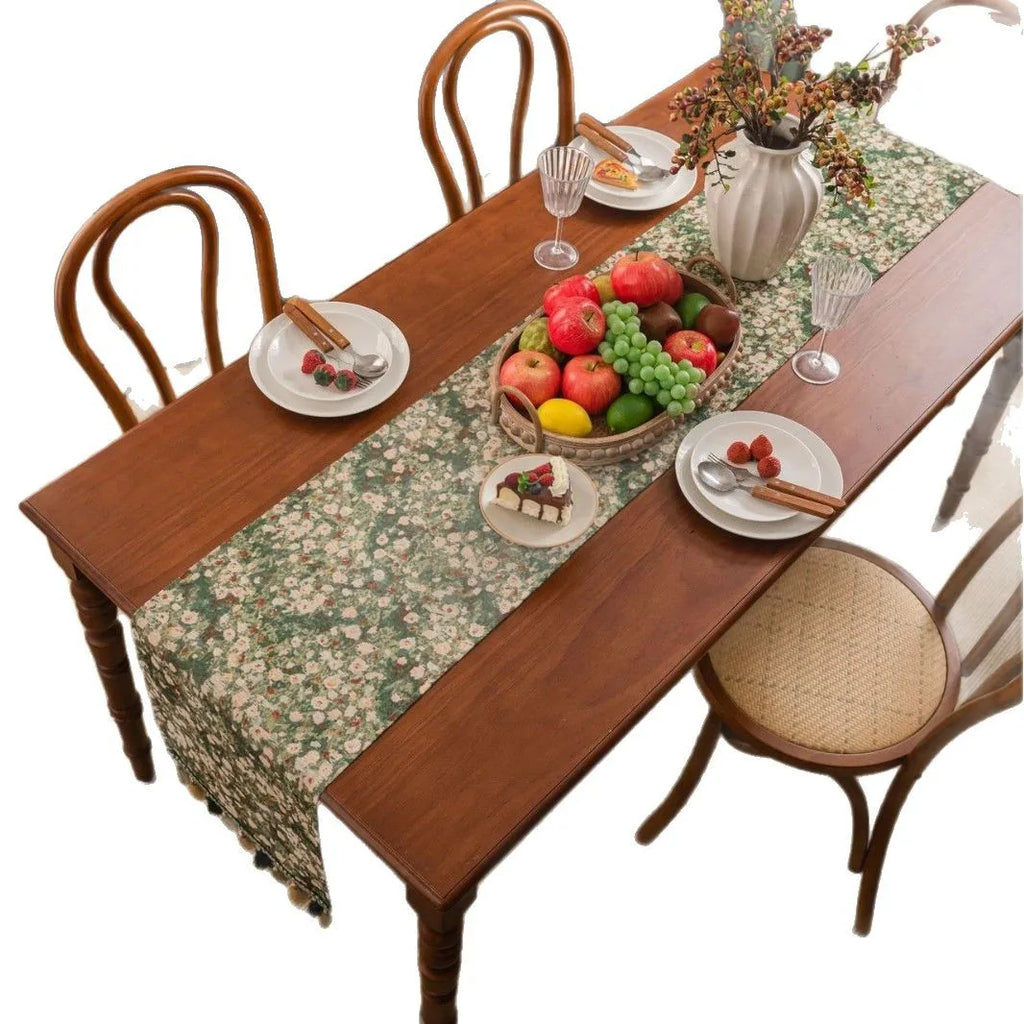 Green table runner country floral pattern pom-poms - view 6