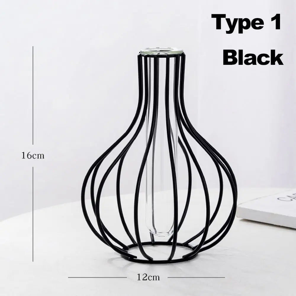 Retro iron vase with glass modern Nordic decoration - Black-Type 1