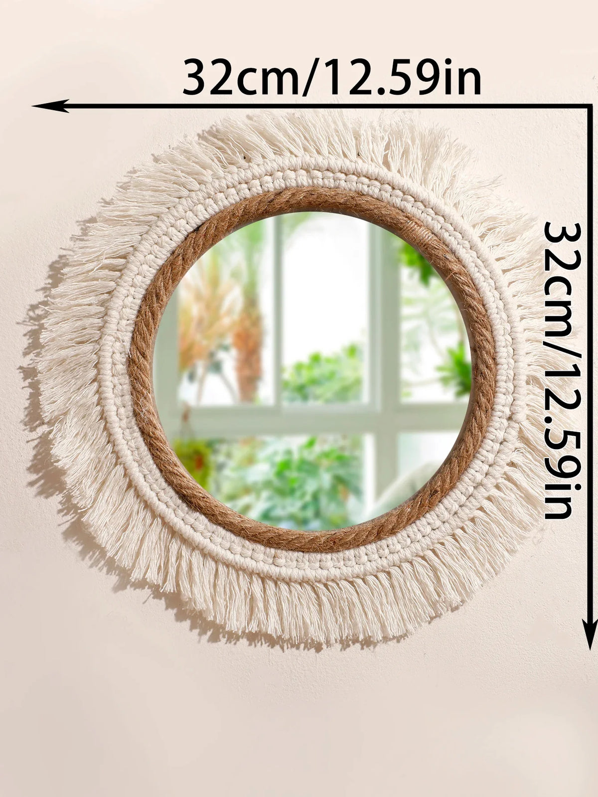 Hanging mirror in decorative macrame with woven pom-poms - KK088-MS8323
