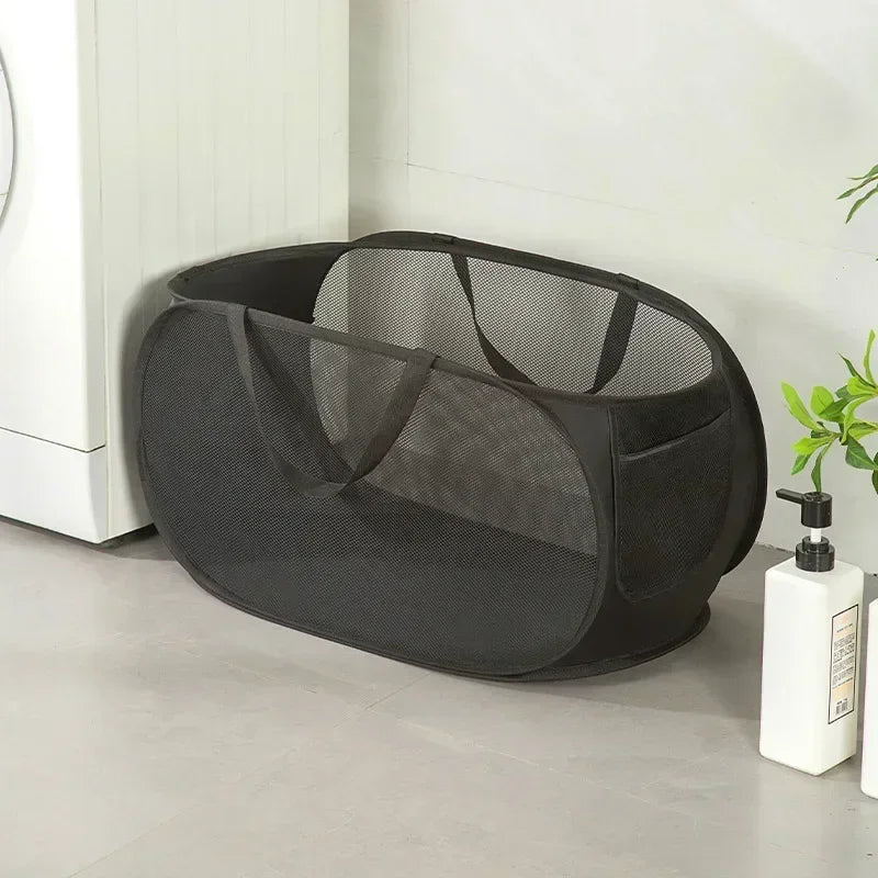 Durable Collapsible Laundry Basket, Mesh Pop Up Laundry Hamper With Side Pocket, Foldable Clothes Storage Hamper With Reinforced - Black