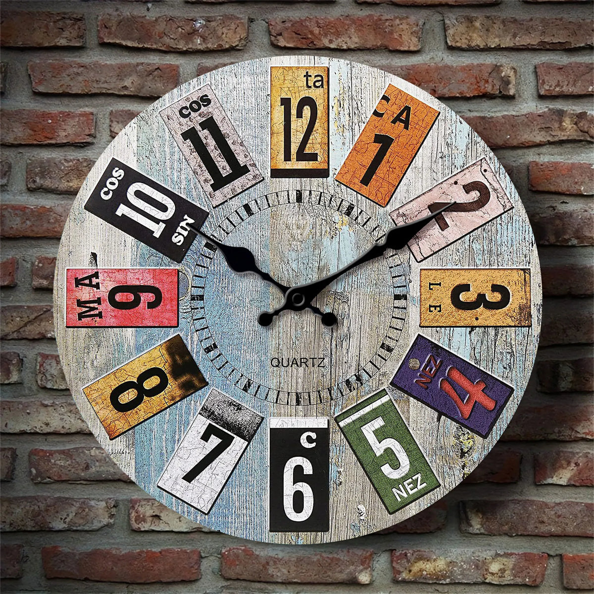 Nordic vintage wooden style wall clock, light blue wood texture with colorful Arabic digitals design wall clock, silent clock, f