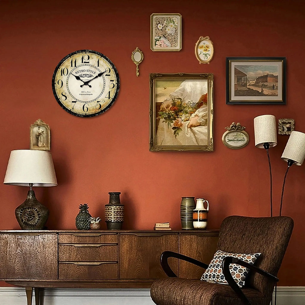 1pc retro wooden wall clock, wall clock designed by Paris watchmaker, non-ticking round silent clock, suitable for living room b - view 5