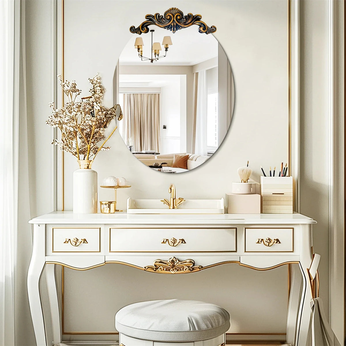 Oval Vintage Baroque Wall Mirror with Embossed Frame, Design 1 - view 3