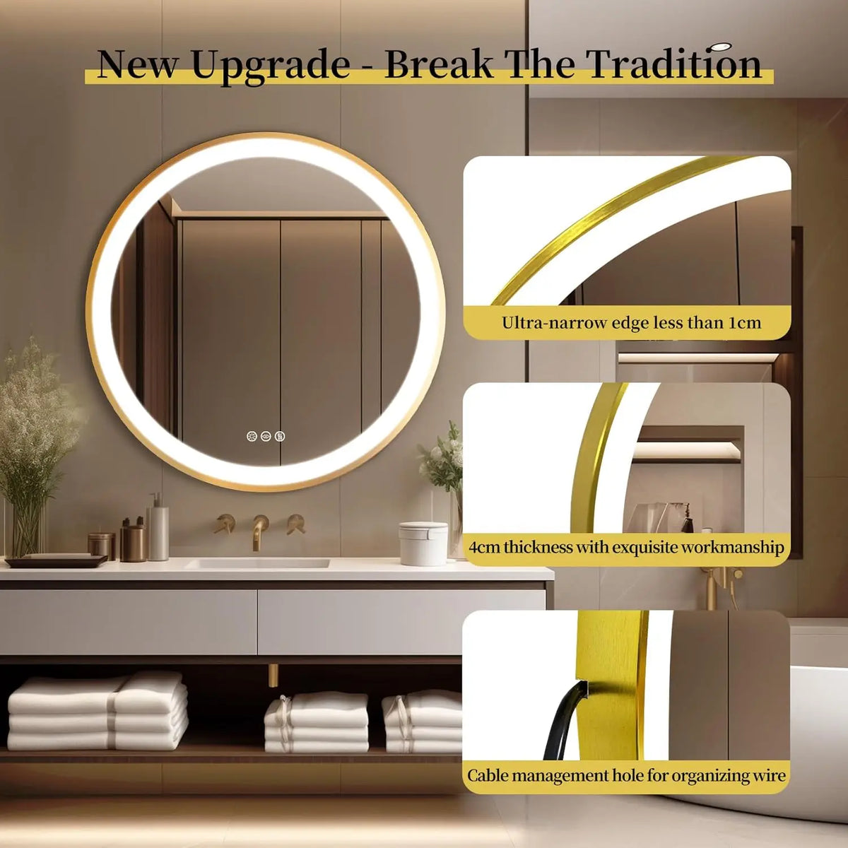 Round illuminated mirror with golden frame and memory function - view 6