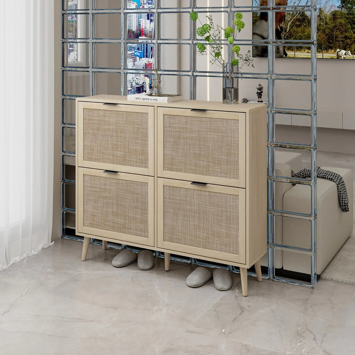 Shoe Cabinet Retro Country House Style, with 4 Rattan Flaps, Wooden Shoe Rack, Shoe Storage Chest for 20-36 Pairs of Shoes - view 3