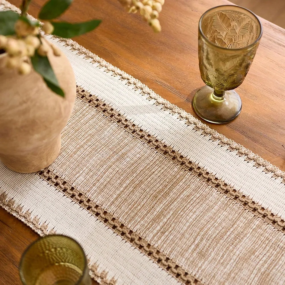 Green striped table runner bohemian hand woven pom-poms - view 5