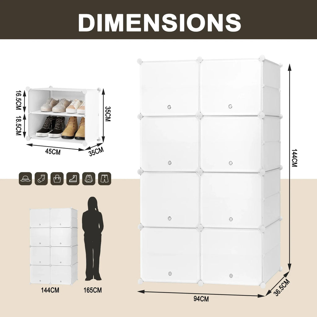 Compact shoe cabinet with 8 compartments for optimal storage - White