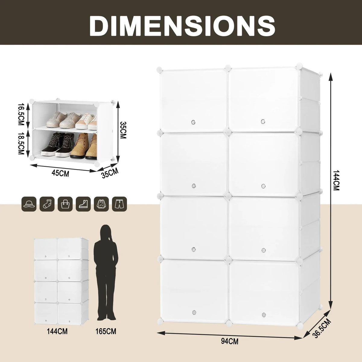 Compact shoe cabinet with 8 compartments for optimal storage - White