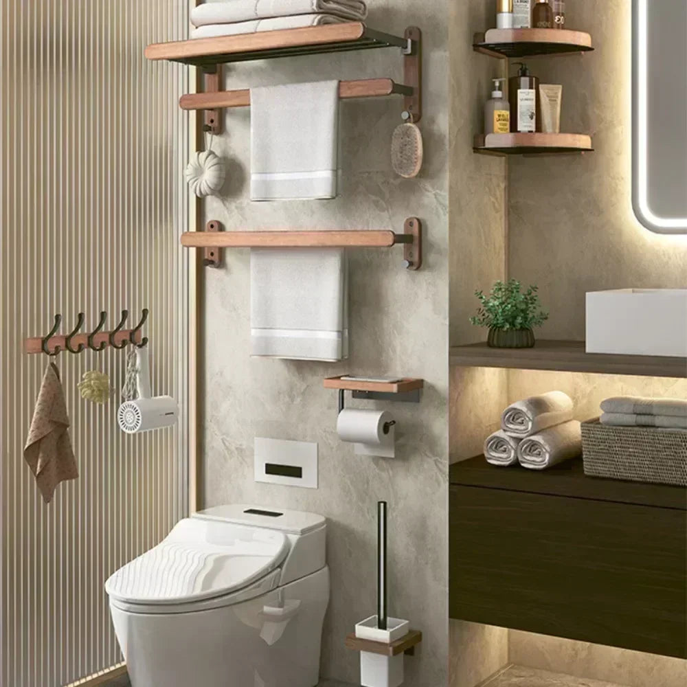 Wooden and aluminum towel holder wall organizer for shower accessories - view 4