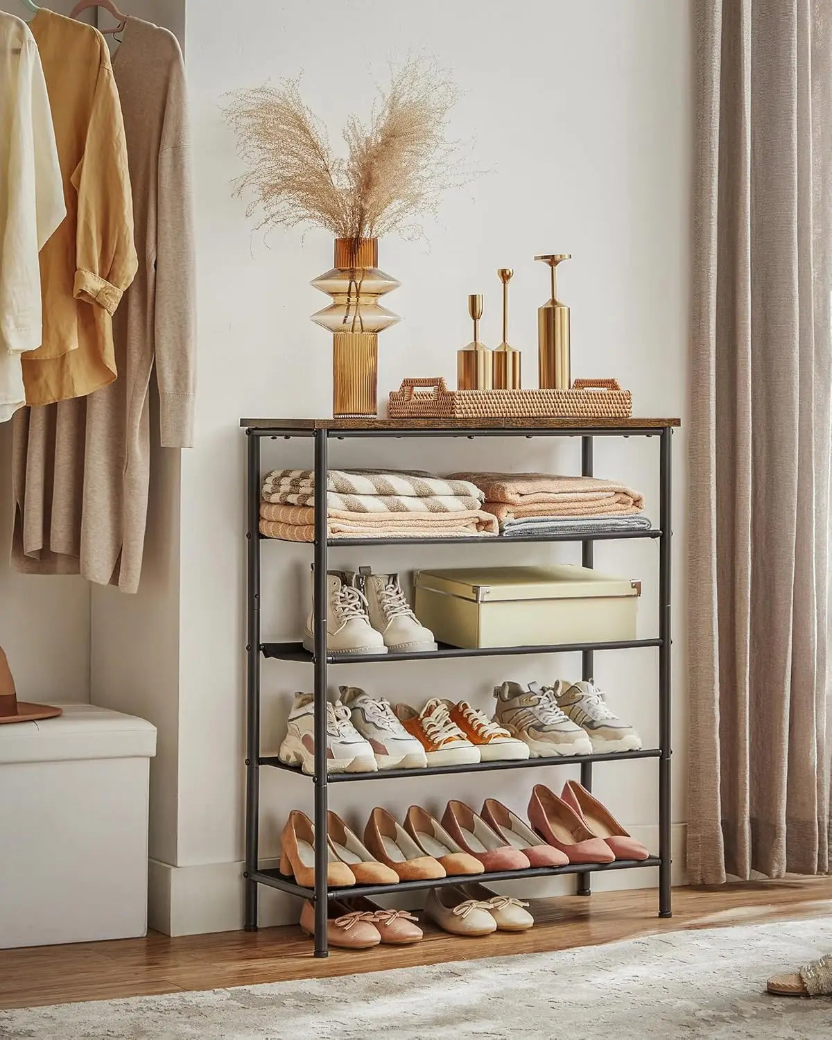 Narrow 5-Tier Metal Shoe Rack with 4 Polyester Fabric Shelves, - view 2