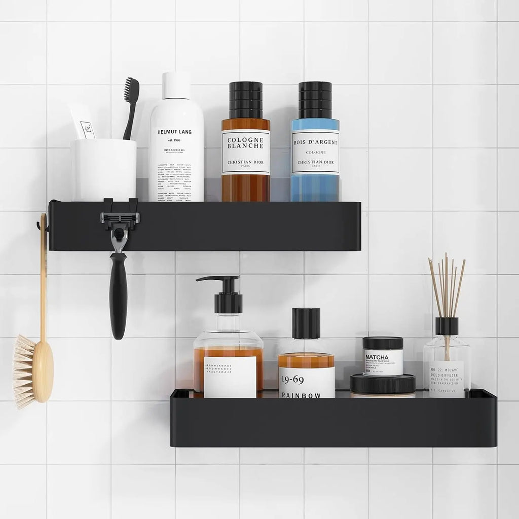 Shower Caddy - 2 Pack Rustproof Shower Organizer, Drill-Free & Quick-Dry Shower Shelf for Inside Shower with 4 Hooks - black