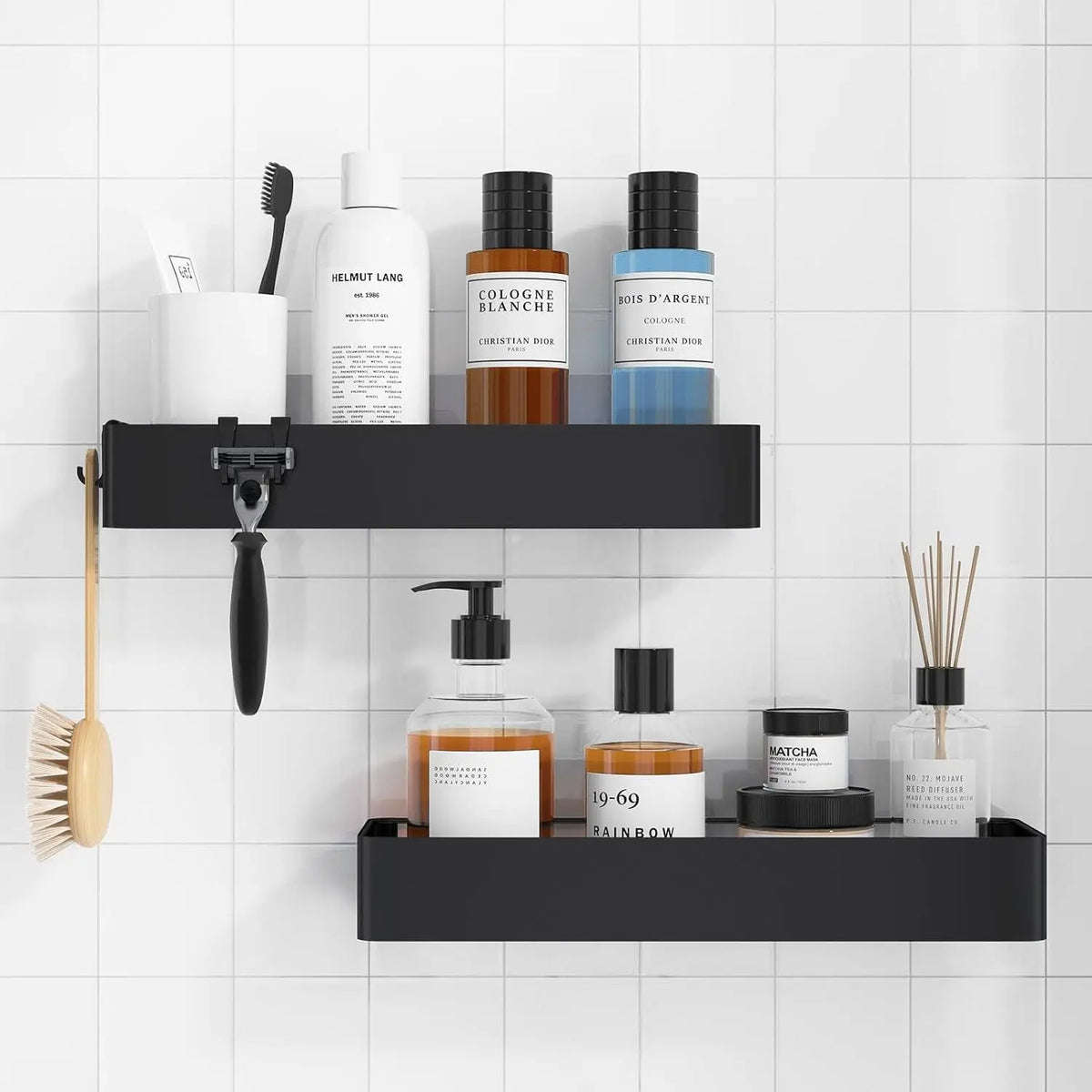 Shower Caddy - 2 Pack Rustproof Shower Organizer, Drill-Free & Quick-Dry Shower Shelf for Inside Shower with 4 Hooks - black