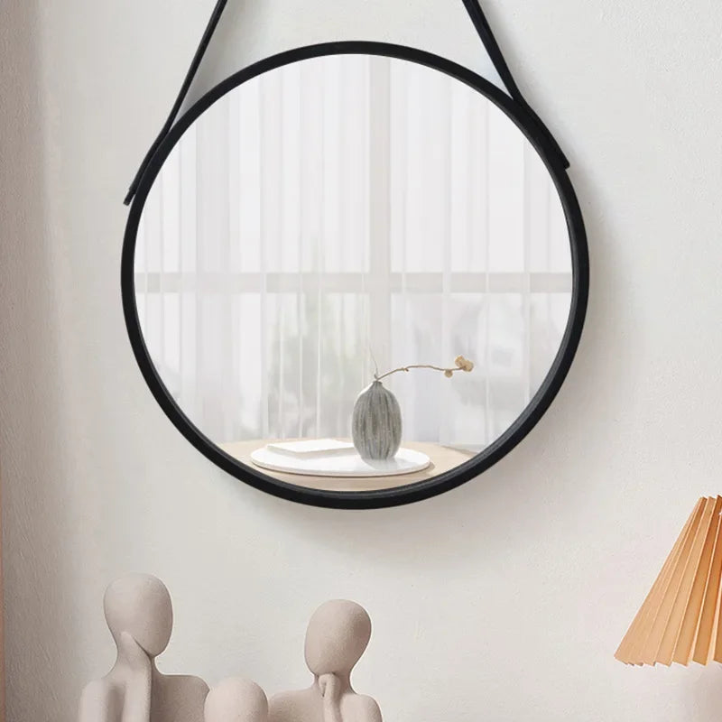 Round wall mirror with thick wooden border - view 2
