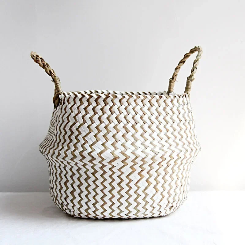 Foldable wicker storage basket handmade patchwork seagrass - White / 23cmX20cm