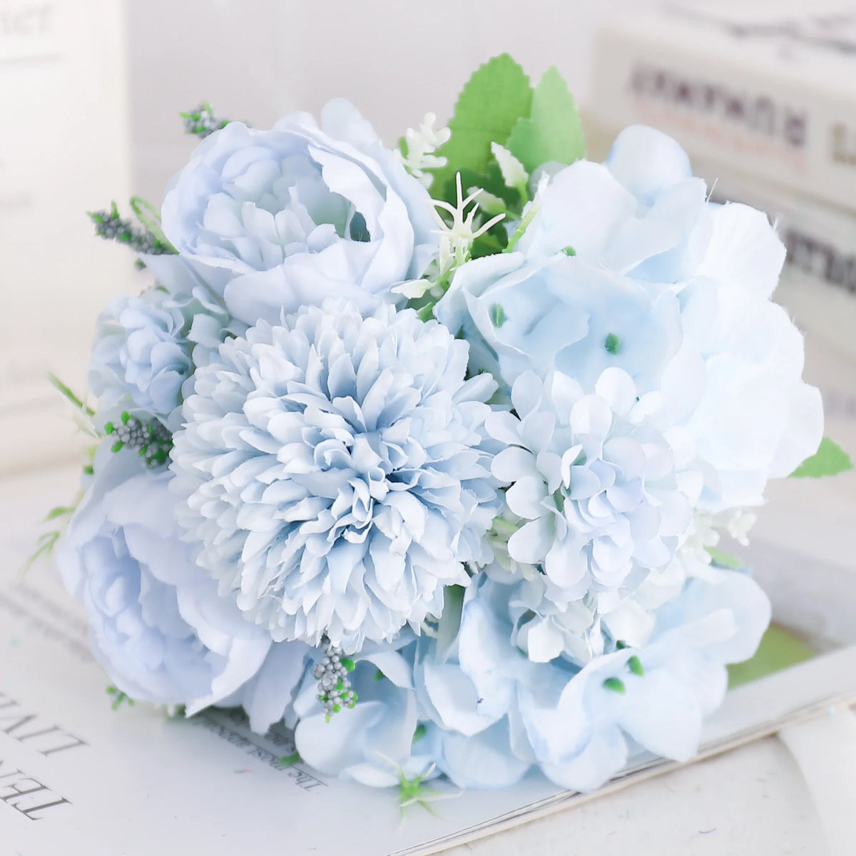 Artificial flowers silk peony hortensia decoration wedding bouquet - BLue