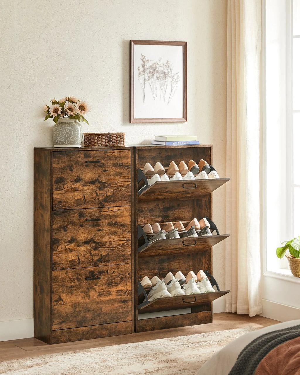 VASAGLE 3-Leaf Shoe Cabinet, 3-Tier Storage Cupboard, Rustic Brown - view 3