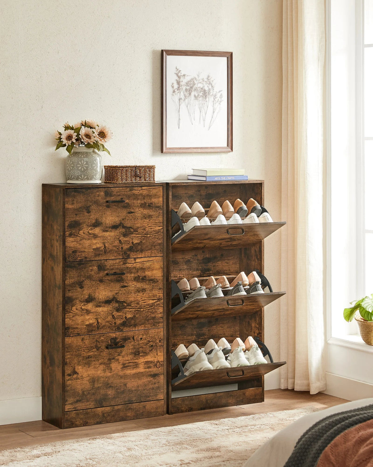 VASAGLE 3-Leaf Shoe Cabinet, 3-Tier Storage Cupboard, Rustic Brown - view 3