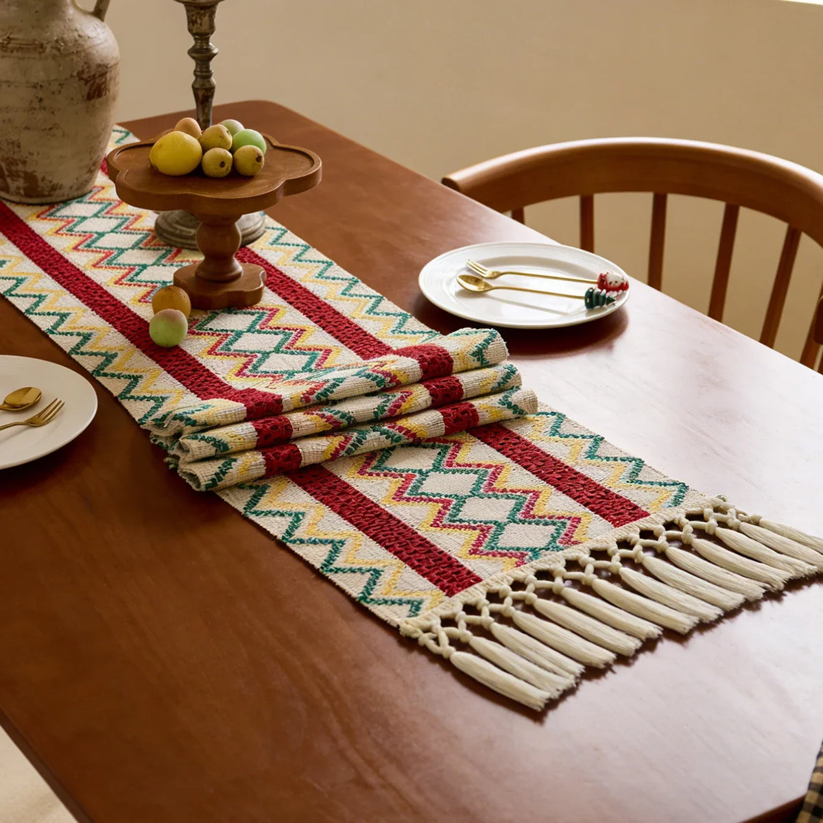 Bohemian table runner Aztec pattern with pom-poms - view 2