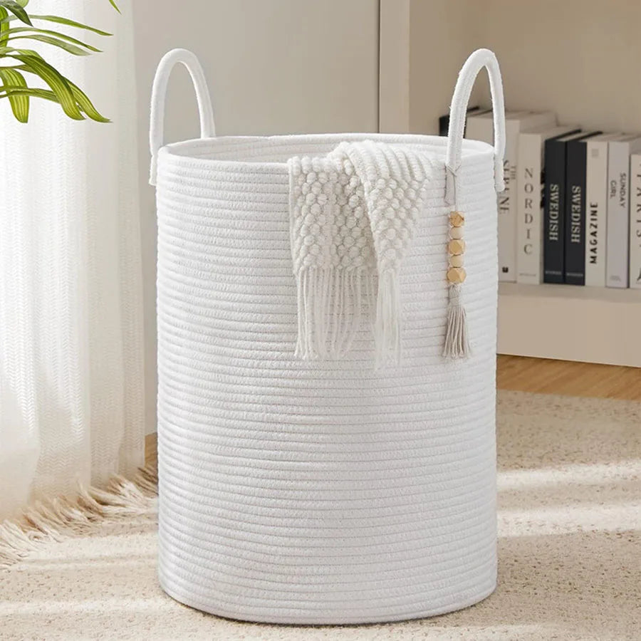 Large woven storage basket with folding handles for toys and linen - White