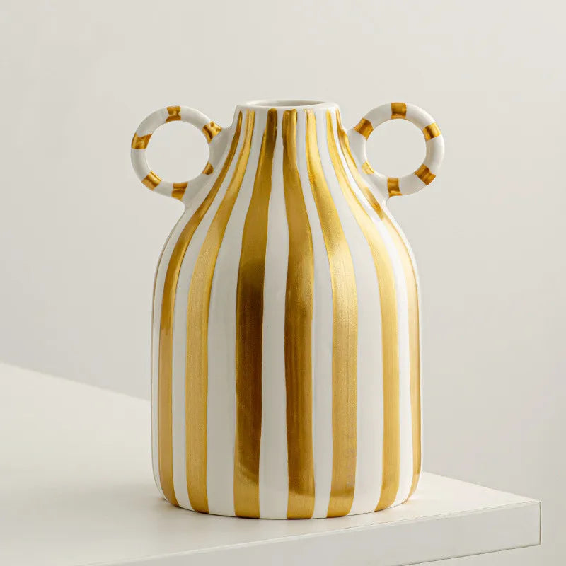 Double Ear Ceramic Vase, Abstract Black and White Striped Hydroponic Vase, Living Room Decoration, Room Aesthetic Decoration - E