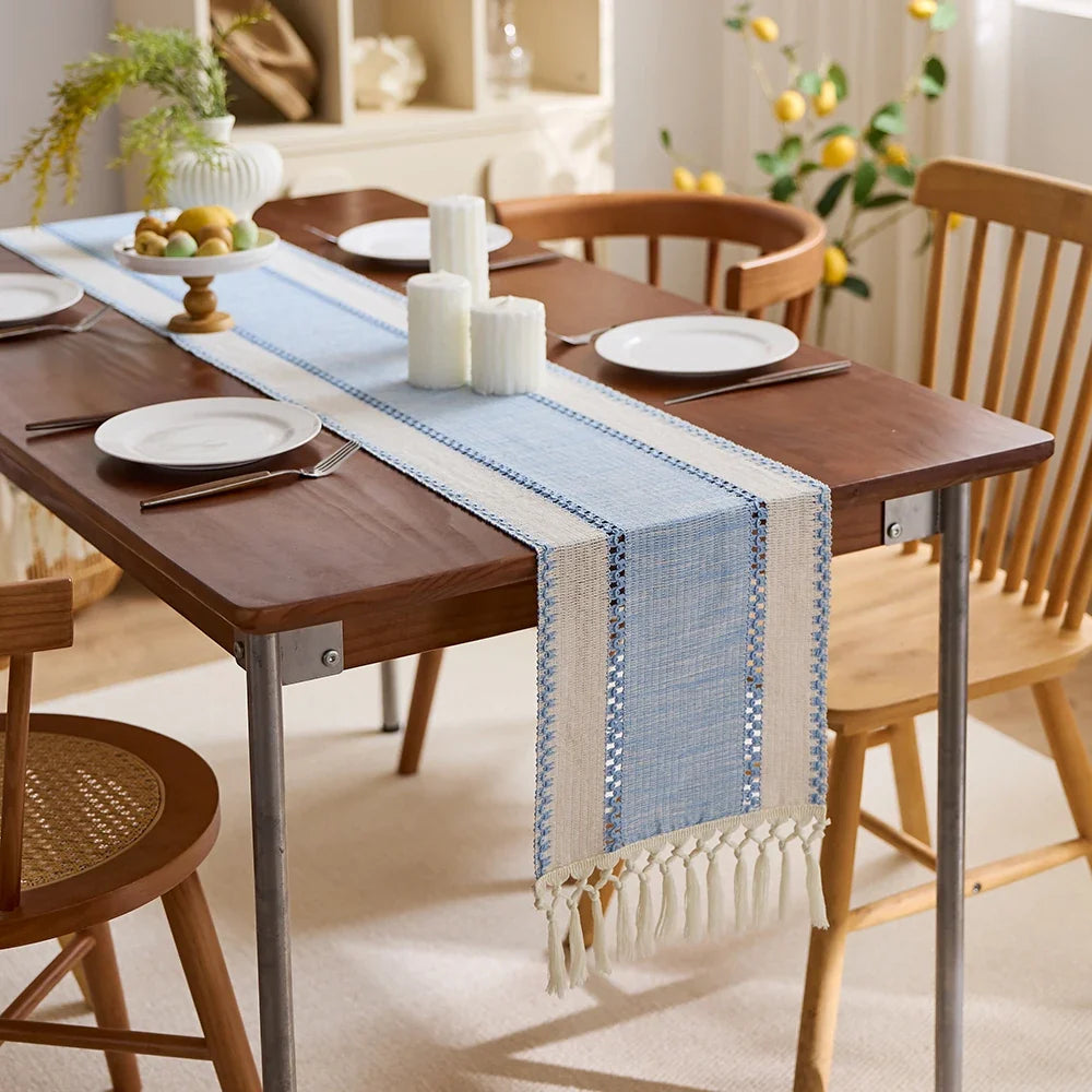 Striped table runner beige bohemian pom-poms - 30x50 placemat