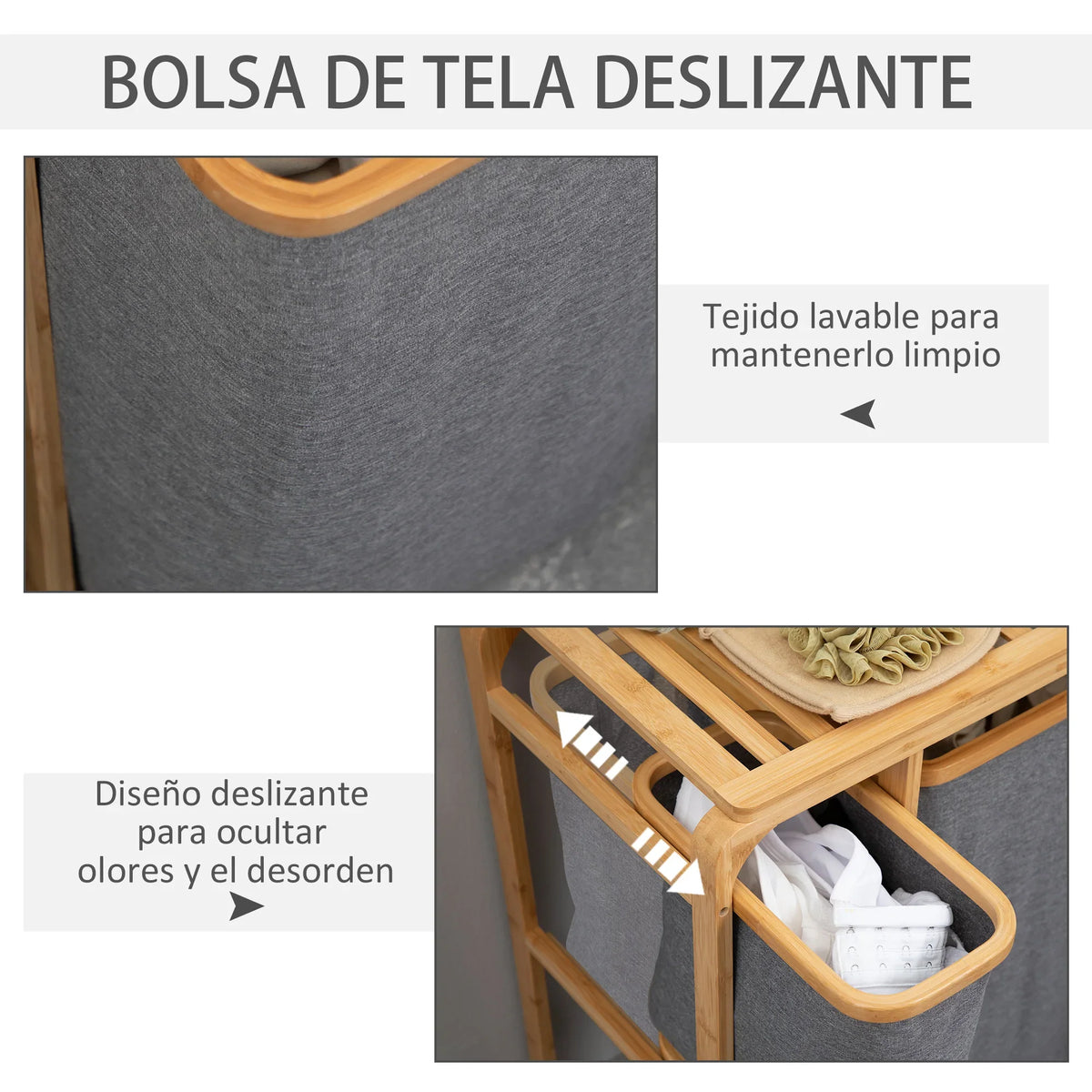 HOMCOM bamboo laundry hamper 3 removable fabric bags 50x32x69,7 cm - view 5
