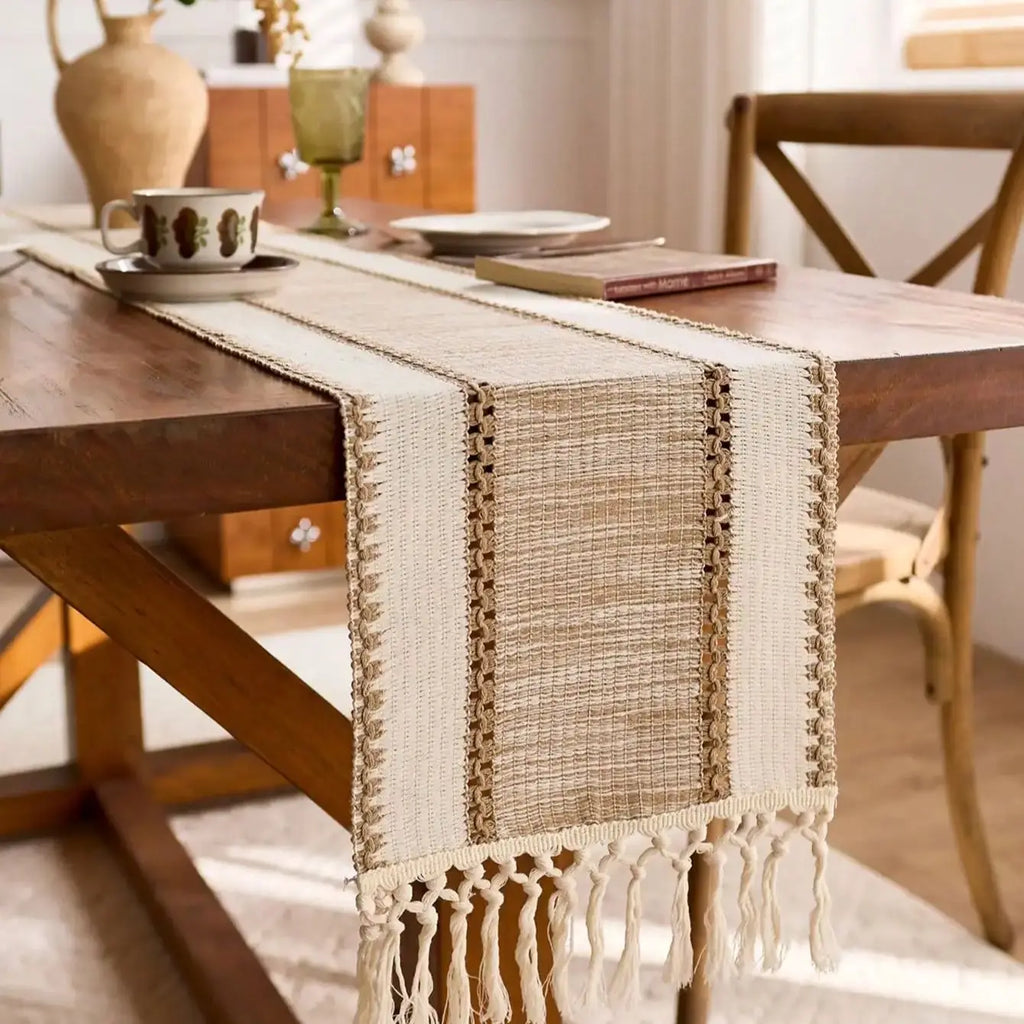 Macrame table runner bohemian khaki pom-poms - view 2