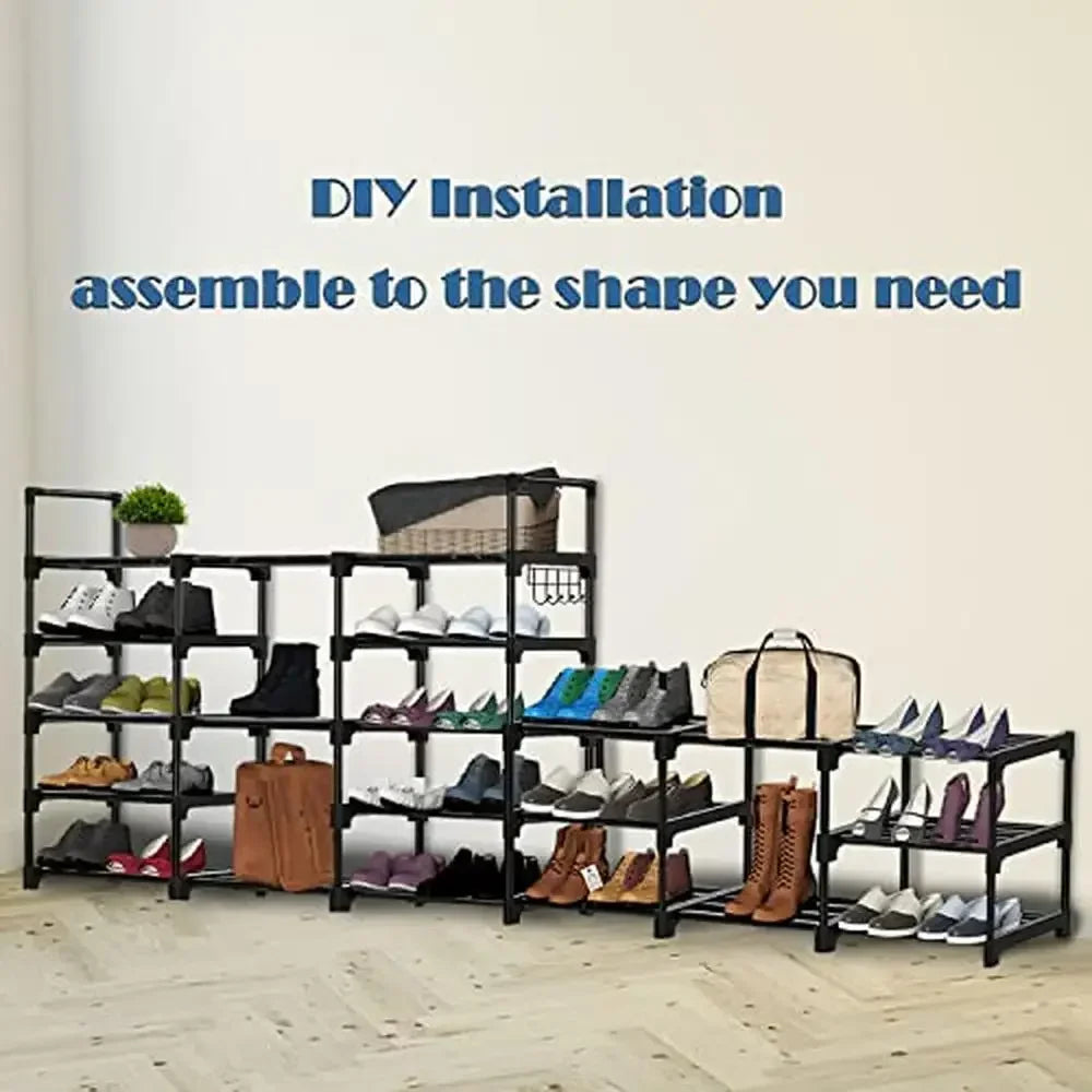Double row metal shoe shelf with versatile hooks - view 6