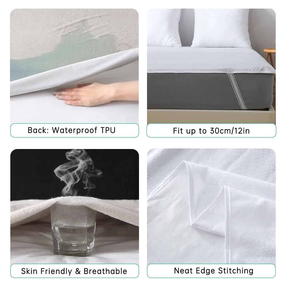 1pc Soft Lightweight Thin Mattress Cover with Elastic Bands, Waterproof Terry Cloth Fitted Sheet, Grey/White - view 4