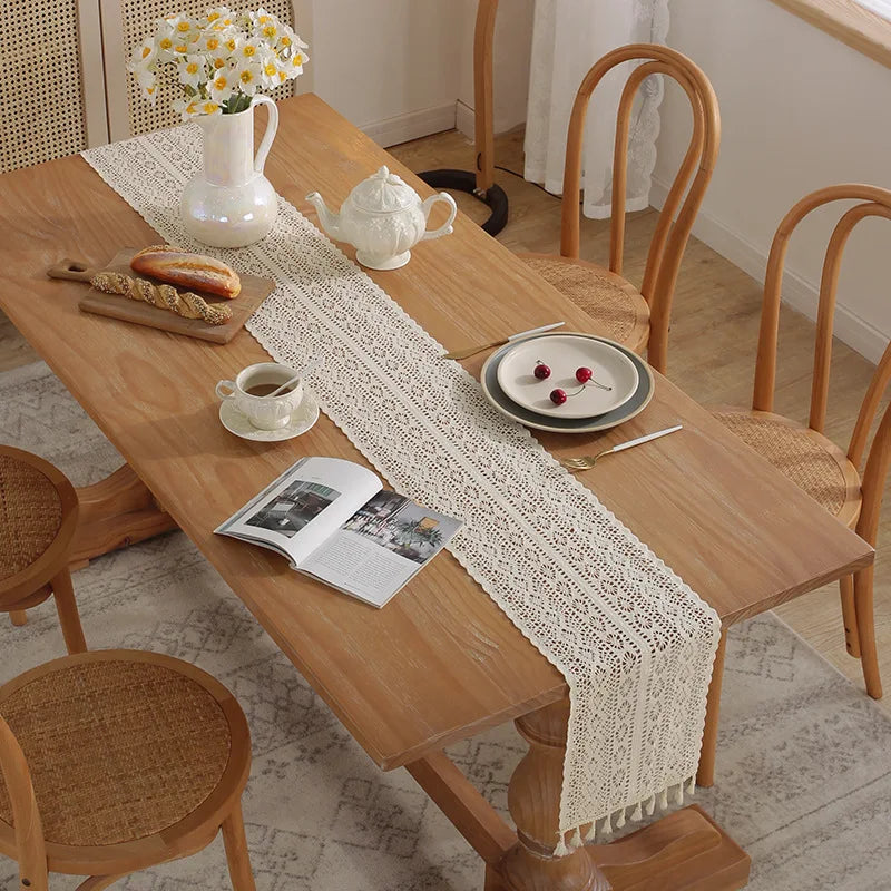 Beige table runner crochet vintage lace pom-poms - view 5